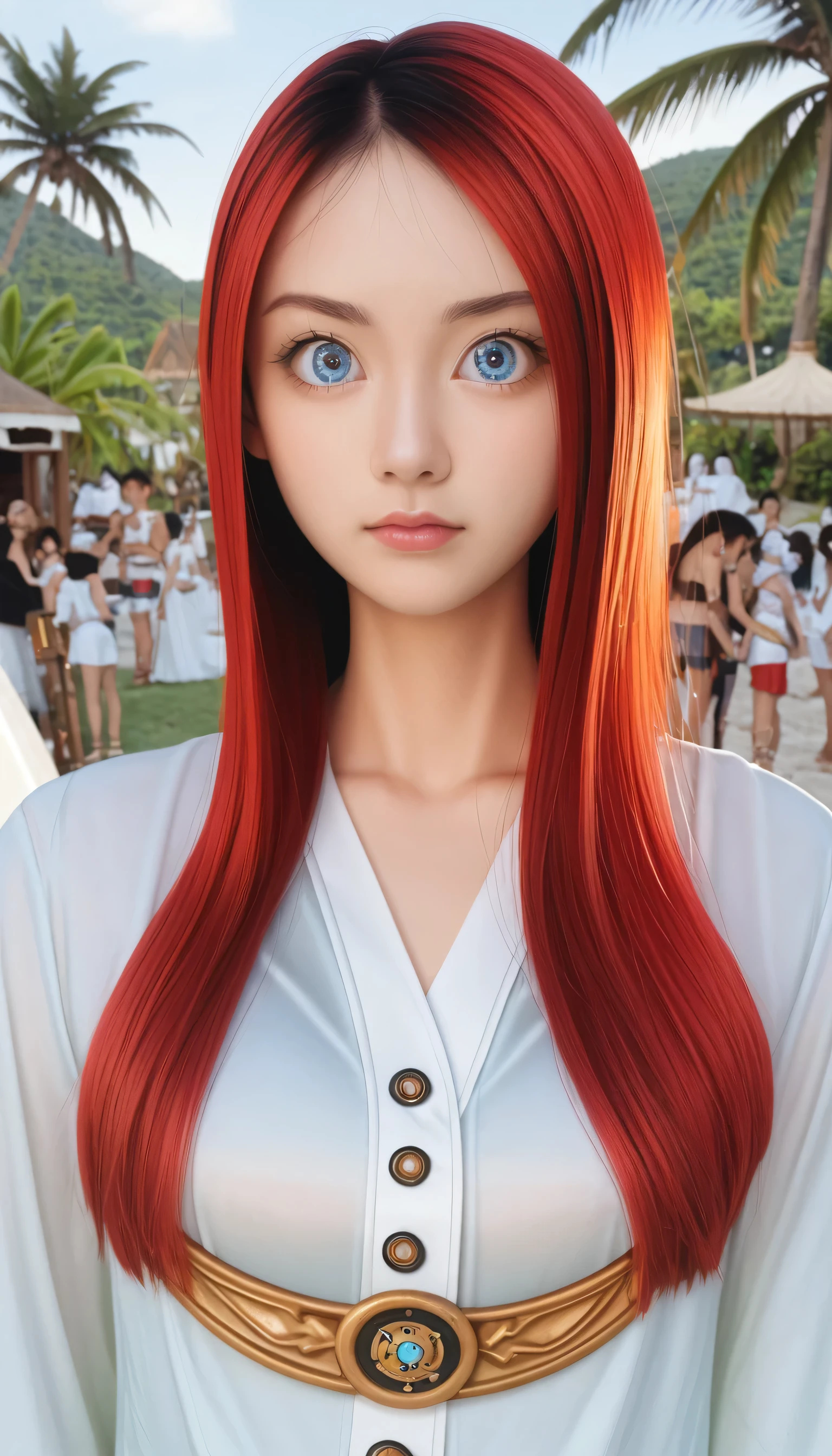 anime, (((portrait of daw))), a woman, (((a red hair))), (((blue eyes))), (((female pirate)), 8k, unreal engine, octane render, by kyun, gamang, Yoon Gon-Ji, g.ho, gosonjak, shuroop, serious, domi, noah, trending on pixiv, fanbox, skeb, masterpiece, smooth soft skin, big dreamy eyes, beautiful intricate colored hair, symmetrical, anime wide eyes, soft lighting, concept art, digital painting, tropical island
