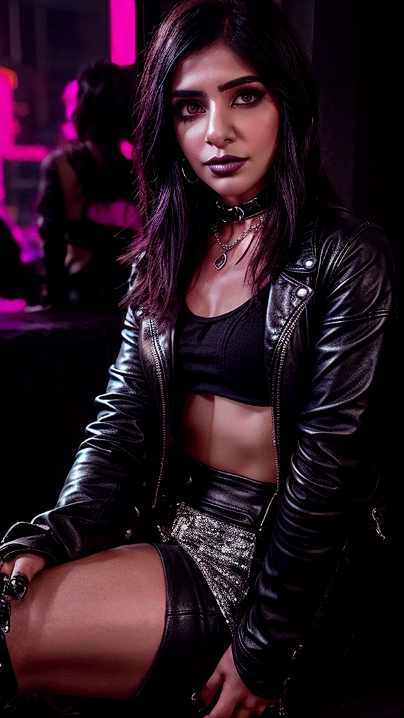 Create a hyper-realistic portrait of Samantha Ruth Prabhu as a modern goth girl. She is dressed in a bold, edgy outfit with a black leather jacket, ripped jeans, and heavy boots. Her makeup is dramatic, with dark, smoky eyes, bold black lipstick, and pale foundation. Her hair is styled in sleek, straight locks, dyed a deep shade of black with a hint of purple. She is adorned with gothic accessories like silver chains, chokers, and multiple piercings. The background features a dimly lit, urban party scene with neon lights and a lively atmosphere, emphasizing her rebellious and vibrant personality, nsfw
