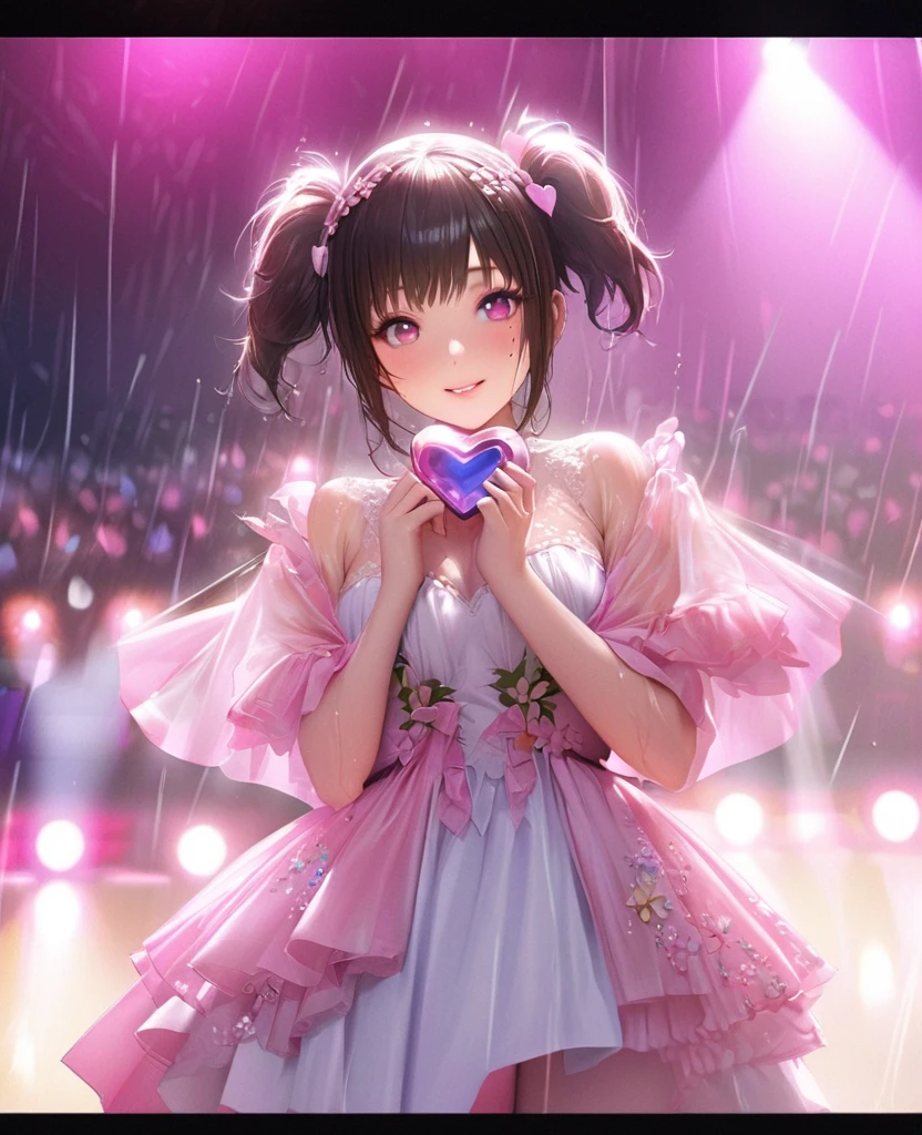 One Girl、Looking at the audience、lovely,
Beautiful pink eyes、short twin tail hair , Mole under the eye、Plump and glossy lips、Heart-shaped choca、Idol、Her name is Rico,smile、ー、。.。.。.。.。.。.。.。.。.。.。.。.。.。.。.。.。.。.3D、Realistic、
The idol's costume was soaked in the heavy rain, and her chest was wet and transparent.Heavy rain at outdoor concert, Drape clothes、gem、The decoration has been removed、Floral、Lace trim,On a glittering stage、
masterpiece、highest quality、8k、Detailed skin texture、Detailed cloth texture、Beautifully detailed face、Intricate details、Very detailed、
超A high resolution、8k Ultra HD、Film Grain、Best Shadow、delicate、Gazing at the audience、front