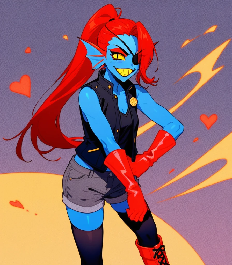 Fraction_9,Fraction_8_direction_7_up, undyne from undertale, Grin, Sharp yellow teeth, Eye mask, black eyes, sclera, Wearing a black vest, Grey shorts,Red Boots, Standing,
