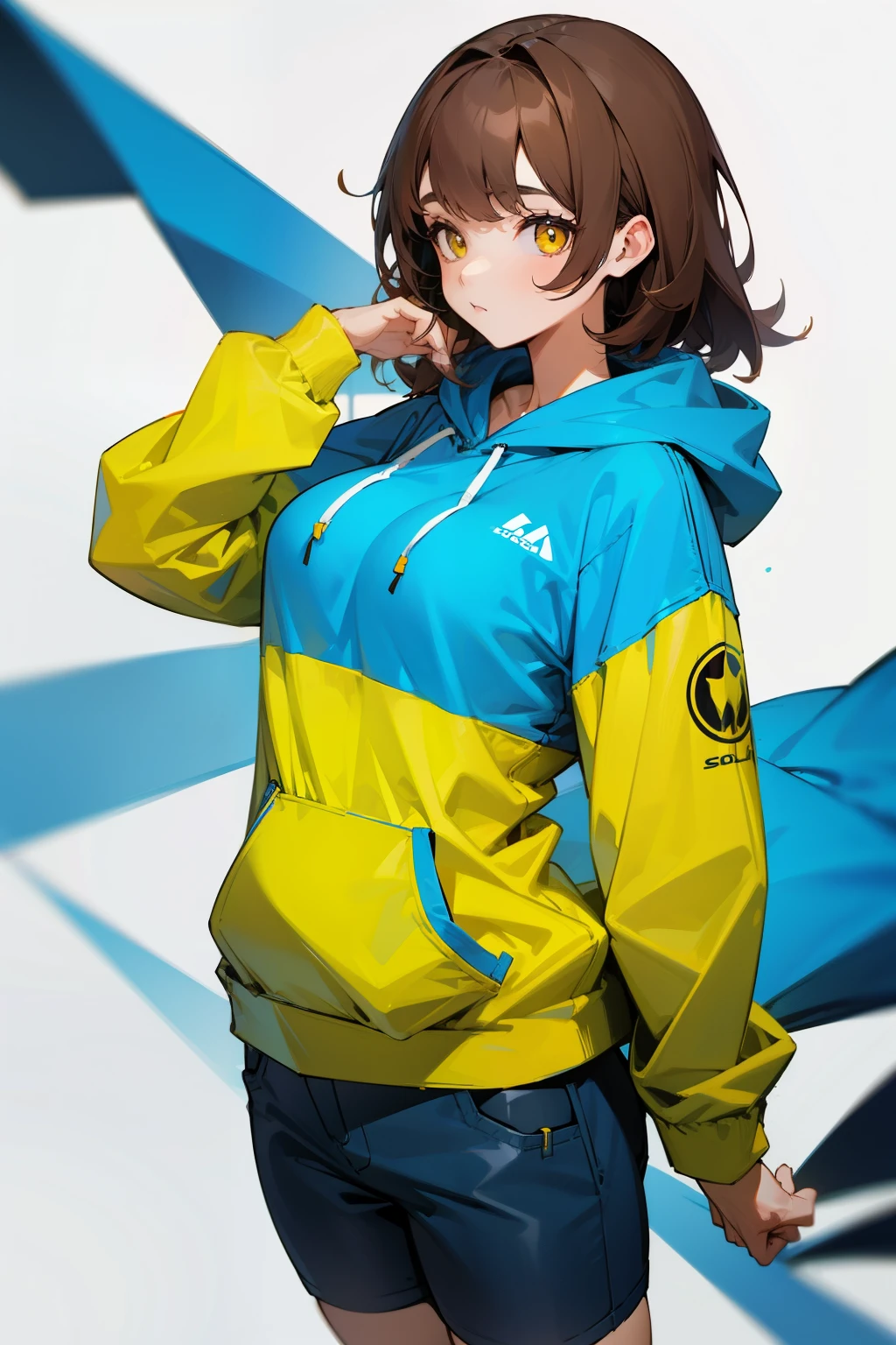 Girl, brown hair, yellow eyes, cool features, blue hoodie, blue hoodie, short pants, big breasts