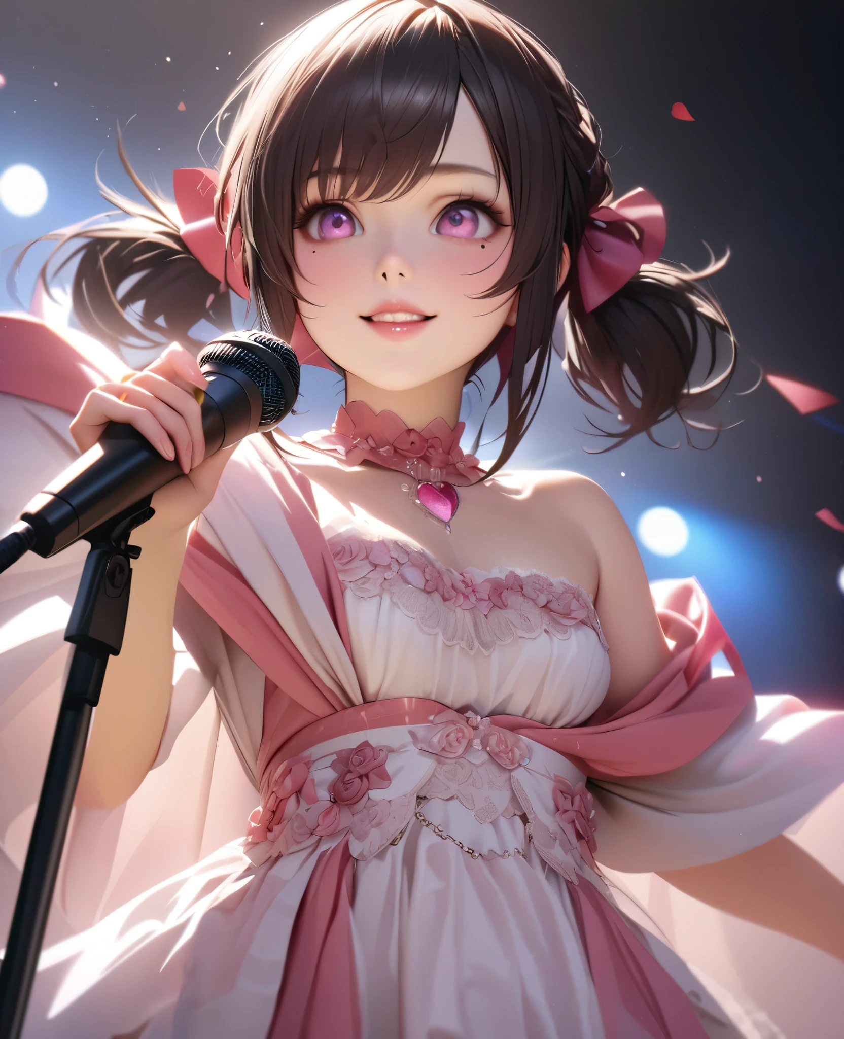 One Girl、Looking at the audience、
Beautiful pink eyes、short twin tail hair , Mole under the eye、Plump and glossy lips、Heart-shaped choca、Idol、Her name is Rico,smile、With a microphone in handー、。.。.。.。.。.。.。.。.。.。.。.。.。.。.。.。.。.。.3D、Realistic、
off shoulder dress, Drape clothes、gem、The decoration has been removed、Floral、Lace trim,On a glittering stage、
masterpiece、highest quality、8k、Detailed skin texture、Detailed cloth texture、Beautifully detailed face、Intricate details、Very detailed、
超A high resolution、8k Ultra HD、Film Grain、Best Shadow、delicate、Gazing at the audience、front