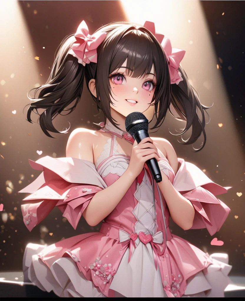 One Girl、Looking at the audience、
Beautiful pink eyes、short twin tail hair , Mole under the eye、Plump and glossy lips、Heart-shaped choca、Idol、Her name is Rico,smile、With a microphone in handー、。.。.。.。.。.。.。.。.。.。.。.。.。.。.。.。.。.。.3D、Realistic、
off shoulder dress, Drape clothes、gem、The decoration has been removed、Floral、Lace trim,On a glittering stage、
masterpiece、highest quality、8k、Detailed skin texture、Detailed cloth texture、Beautifully detailed face、Intricate details、Very detailed、
超A high resolution、8k Ultra HD、Film Grain、Best Shadow、delicate、Gazing at the audience、front