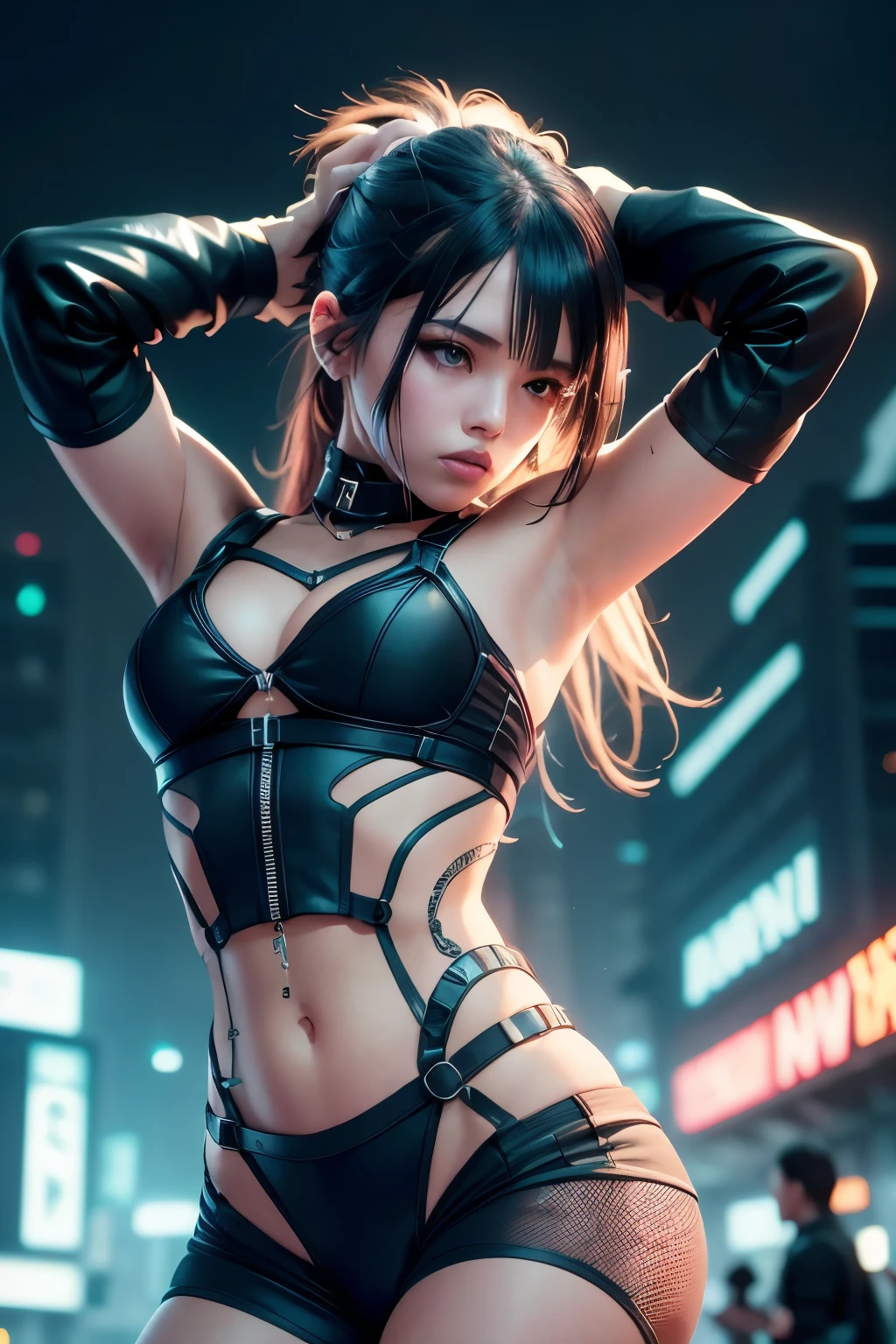 DemiHawks, Urban sprawl, woman, urban dance clothing, dramatic lighting, high contrast, silhouette, poster-worthy, street fashion, graffiti, neon lights, shadows, dystopian, cyberpunk, futuristic, sci-fi, Tron, Bladerunner, Elysium, Westworld, neon noir, dance, fluid, dynamic, energy, movement, form, expression.