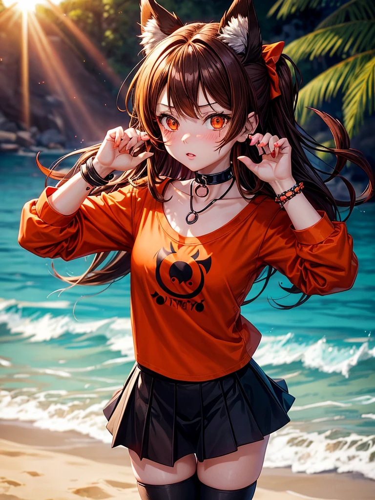 Anime, 1girl, brown hair, orange hair tips, orange eyes, glowing eyes, fiishnet leggings, red shirt with black bow, mini-skirt, parted lips, blush, day, beach, sun, sunlight, hellhound girl, hellhound, one tailed girl, black spike choker, wolf ears, black spike bracelets,