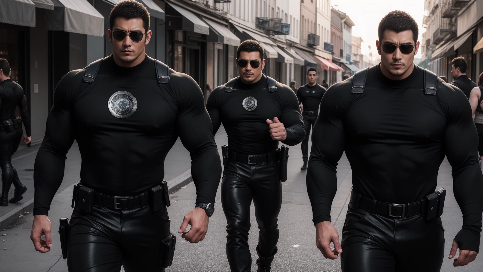 Super muscular man hugging,  Sad eyes，Wear sunglasses，They embrace affectionately，short hair，On a vintage outdoor street under the hot sun, Wear long sleeves, Deep turtleneck bodysuit, Thickened warm elastic texture，The clothes are dirty，There are mud stains，Looks sad, Thick thighs, messy hair, Thick thighs, High target-necked long-sleeved dark yellow high-necked tights, very tight, Regular symmetrical pattern, High targetlight muscles, Police uniform pants, character concept（Resident Evil - chris redfield, chris redfield）A proud expression, Deep and charming eyes, Valiant male pose, tall Burly, muscular！muscular thighs, Tough Guy, Perfect facial features, High target, Burly, Heqiang, Super exquisite and cool, High target Resolution Committee, Attractive, The sun is blazing, Dazzling