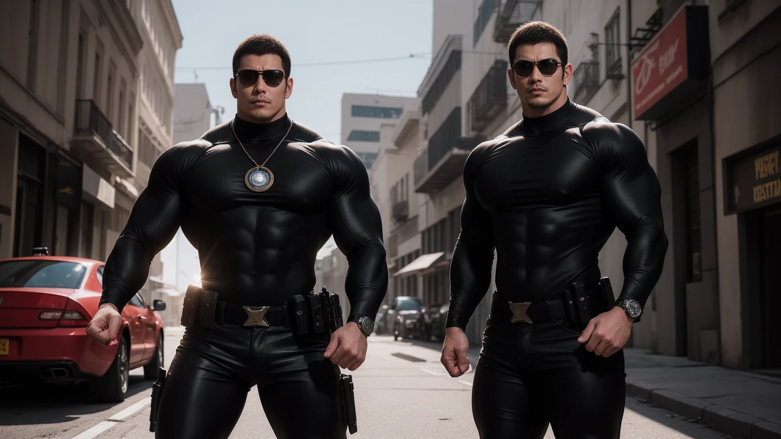 Super muscular man hugging,  Sad eyes，Wear sunglasses，They embrace affectionately，short hair，On a vintage outdoor street under the hot sun, Wear long sleeves, Deep turtleneck bodysuit, Thickened warm elastic texture，The clothes are dirty，There are mud stains，Looks sad, Thick thighs, messy hair, Thick thighs, High target-necked long-sleeved dark yellow high-necked tights, very tight, Regular symmetrical pattern, High targetlight muscles, Police uniform pants, character concept（Resident Evil - chris redfield, chris redfield）A proud expression, Deep and charming eyes, Valiant male pose, tall Burly, muscular！muscular thighs, Tough Guy, Perfect facial features, High target, Burly, Heqiang, Super exquisite and cool, High target Resolution Committee, Attractive, The sun is blazing, Dazzling