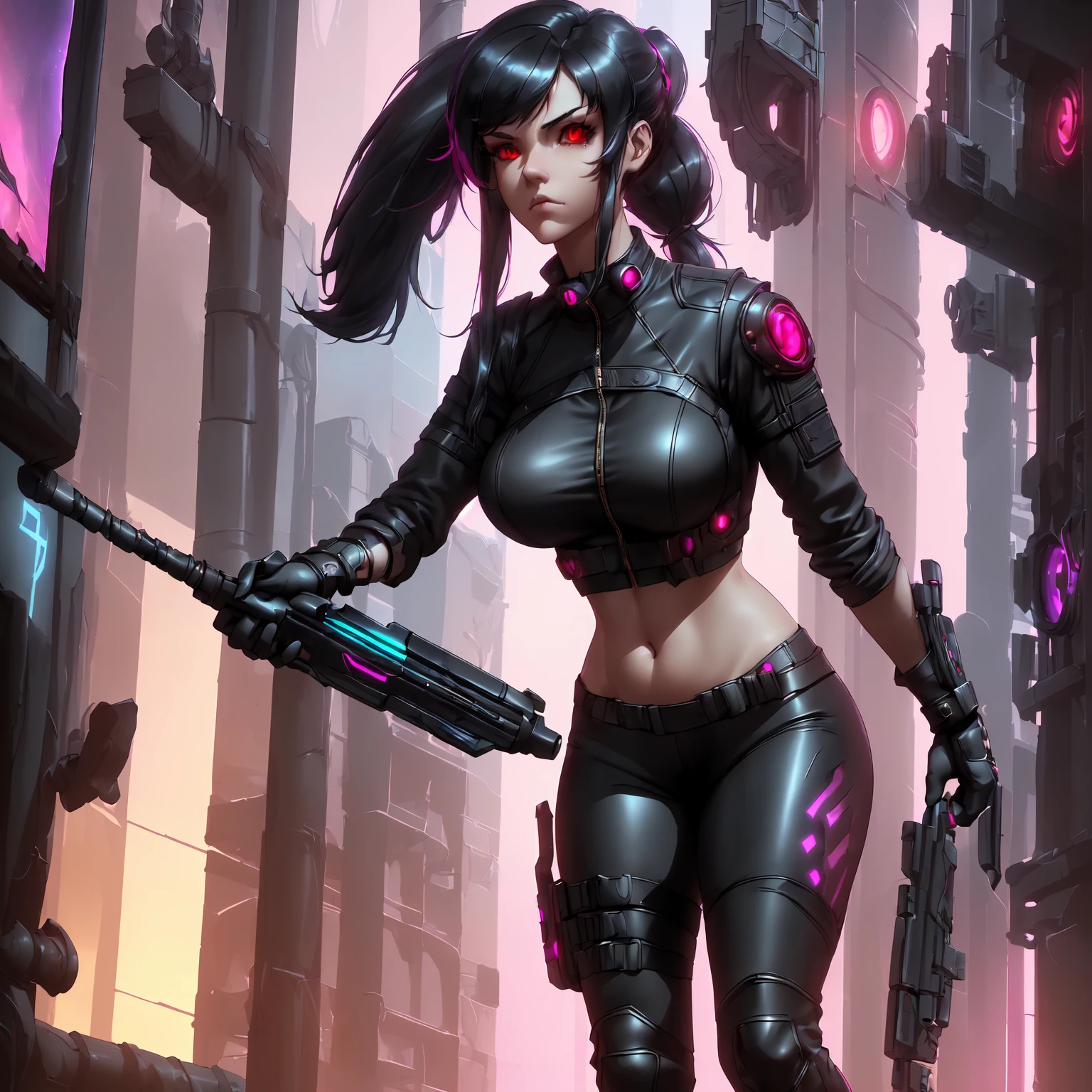 (masterpiece, best quality, aesthetic)1.2, 1girl, Cyberpunk, League of Legends ARCANE, Yelan, BREAK, symmetrical face, highly detailed face, black hair, long hair, ponytail, holographic interface, BREAK, red eyes, crimson eyes, beautiful eyes, detailed eyes, BREAK, large breasts, tight clothing, leather jacket, black shirt, BREAK, knee boots, black yoga pants, black gloves, tactical gear, BREAK, stretching, serious expression, standing, BREAK, female focus, neon aesthetic, futuristic cityscape, background out of focus, corporate dystopia, sci-fi