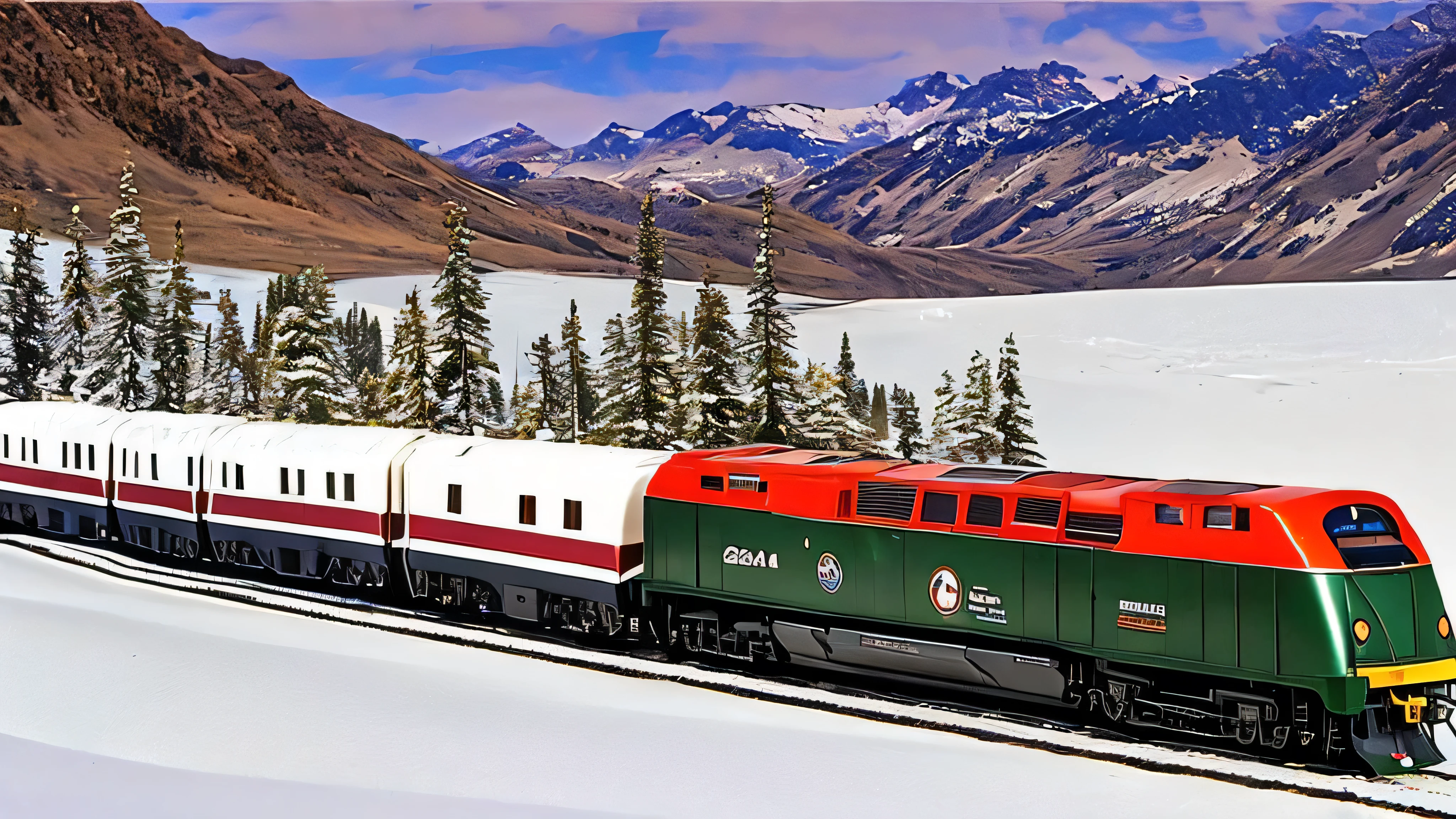 gleaming under the sunlight, rushes seamlessly from afar towards a snowy plateau, nestled within a sandbox diorama. The train's metallic sheen contrasts beautifully with the pristine, untouched snow, creating a stunning visual effect. The train, adorned with gleaming windows and streamlined contours, exudes an aura of speed and power, showcasing the engineering marvels of its era. As it steadily approaches the snowy plateau, the train's progress is captured through a series of intricate, realistic details emphasizing its movement and substance. The plateau itself appears as a picturesque, snow-