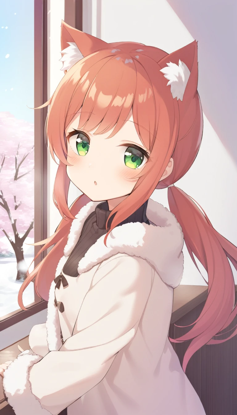 One girl, , Long Hair, Low twin tails, Fluffy twin tails, Redhead, Cat ear, Animal ear hair, Bright green eyes, Bedroom, window, cherry blossoms, winter,snow, morning, Portraiture, Upper Body