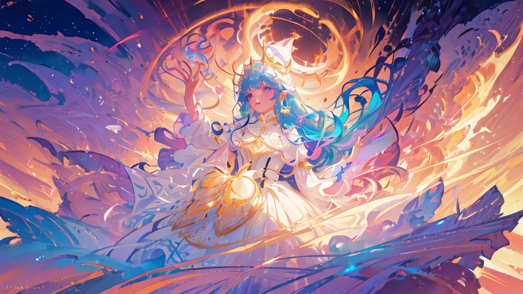 beautiful girl, Fluffy long sleeve fluffy tiered ball gown, Vibrant pastel colors, (colorful), Shiny golden long hair, Magic lights, sparkling Magic liquid, inspired Glen Keane, inspired By Lois Van Baarle, Disney Art Style, By Lois Van Baarle, An aura that glows around her, Glen Keane, Just a joke, Glowing Light! Digital Painting, Flowing, shiny hair, Shiny, flowing hair, Beautiful digital illustrations, Fantasia Background, Whimsical, Magic, Fantasy, ((Beautiful Face)), ((masterpiece, Highest quality)), Intricate details, Very detailed, Sharp focus, 8K resolution, Sparkling Eyes, Liquid watercolor