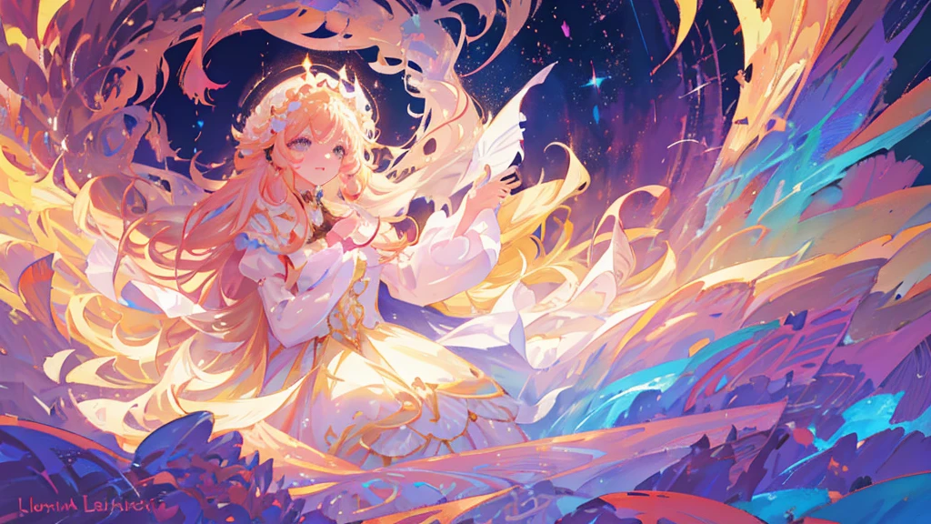 beautiful girl, Fluffy long sleeve fluffy tiered ball gown, Vibrant pastel colors, (colorful), Shiny golden long hair, Magic lights, sparkling Magic liquid, inspired Glen Keane, inspired By Lois Van Baarle, Disney Art Style, By Lois Van Baarle, An aura that glows around her, Glen Keane, Just a joke, Glowing Light! Digital Painting, Flowing, shiny hair, Shiny, flowing hair, Beautiful digital illustrations, Fantasia Background, Whimsical, Magic, Fantasy, ((Beautiful Face)), ((masterpiece, Highest quality)), Intricate details, Very detailed, Sharp focus, 8K resolution, Sparkling Eyes, Liquid watercolor