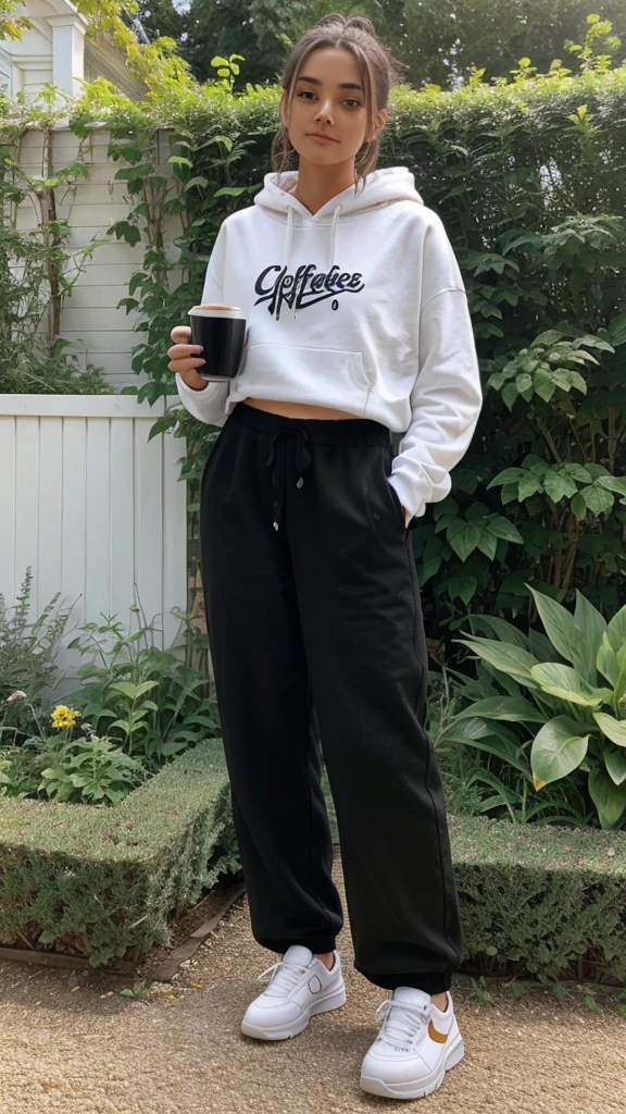 Pictures of a cute girl’s hand holding a cup of coffee in a garden. The girl is wearing wide pants, white sneakers, and a long black hoodie. Filmed towards the back camera, not the front. Simple and quick random daily photography during the day The girl is 150 tall and weighs 57 and her face does not appear in the picture