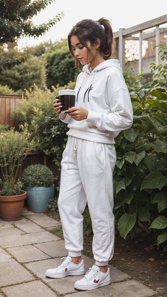 Pictures of a cute girl’s hand holding a cup of coffee in a garden. The girl is wearing wide pants, white sneakers, and a long black hoodie. Filmed towards the back camera, not the front. Simple and quick random daily photography during the day The girl is 150 tall and weighs 57 and her face does not appear in the picture