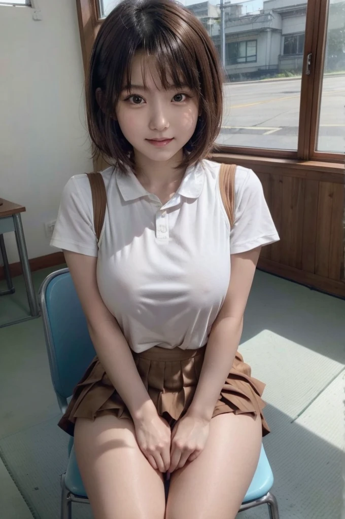 ((Ultra-high resolution photos)), (highest quality:1.2), (Perfect Beautiful Face 1.2), (Perfect and beautiful posture:1.2), (1 Japanese Cute girl:1.5), ((solo:1.5)), (round face:1.2), (Cheerleader:1.2), (cute face), Short woman, ((Big and ample breasts:1.2)), ((Big Ass)), Slim Muscular body, ((Brown Short Bob Hair:1.2)), Sharp eyes, Looking into the camera, ((Small Head:1.5)), joyful laugh, ((White shirt with ribbon tie)), ((Pleated mini skirt)), (sitting on a chair in the classroom), natural light,