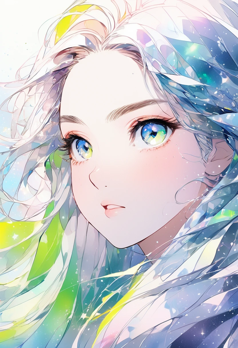 Directly facing the viewer Frontal view Look forward Woman with beautiful aurora hair, Fantastic, Transparency, Straight, Upper Body , Look forward, beautiful, No background, Straight 、Positive、Simple Cute feeling Eyes are large prism color directly in front、Positive、in front、Front front、Look up、Expressionless