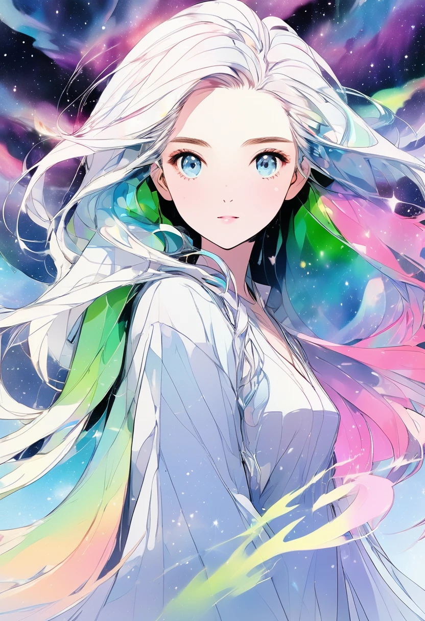 Directly facing the viewer Frontal view Look forward Woman with beautiful aurora hair, Fantastic, Transparency, Straight, Upper Body , Look forward, beautiful, No background, Straight　、Positive、Simple　Cute feeling　Eyes are large prism color directly in front、Positive、in front、Front front、Look up、Expressionless