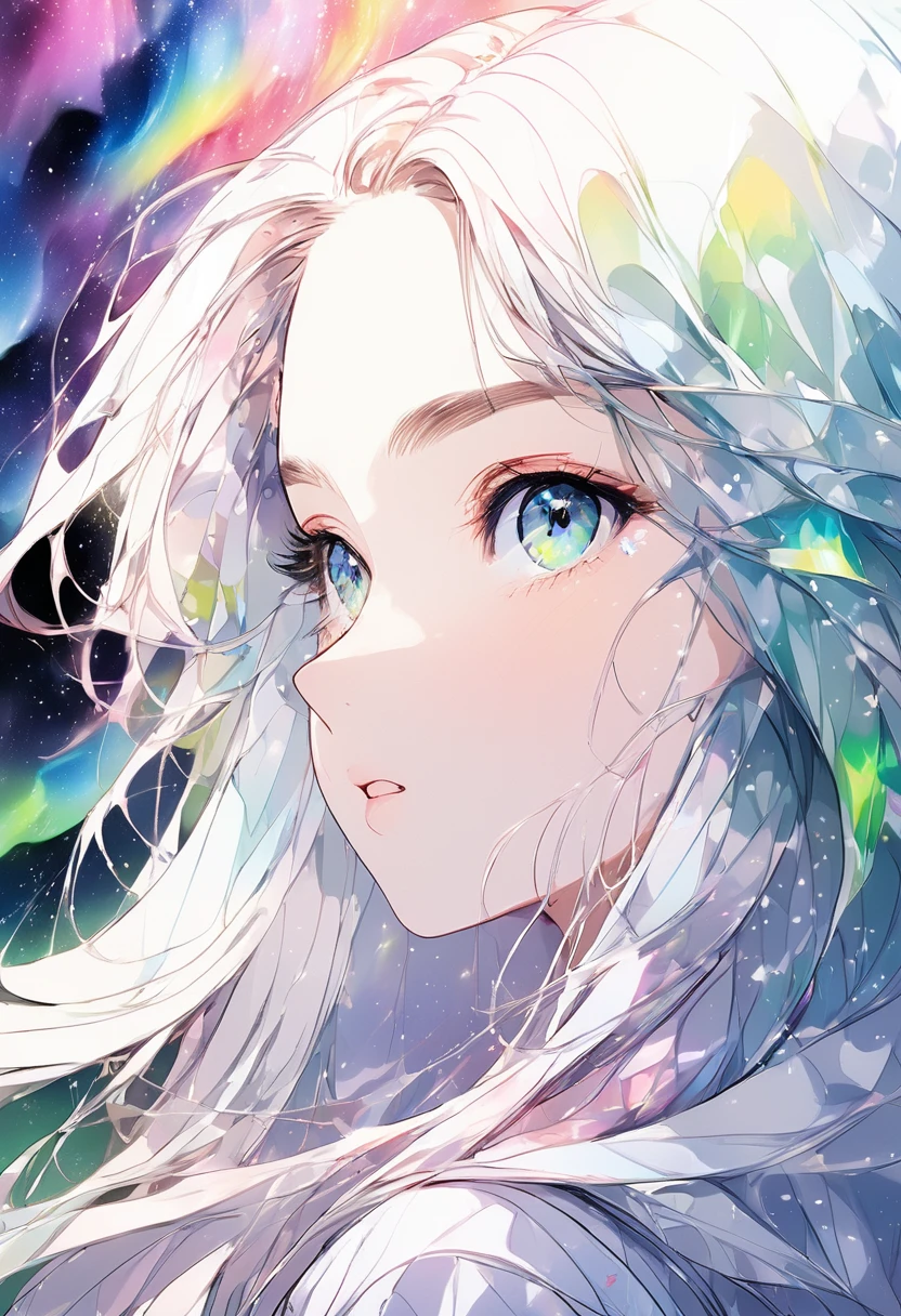 Directly facing the viewer Frontal view Look forward Woman with beautiful aurora hair, Fantastic, Transparency, Straight, Upper Body , Look forward, beautiful, No background, Straight　、Positive、Simple　Cute feeling　Eyes are large prism color directly in front、Positive、in front、Front front、Look up、Expressionless