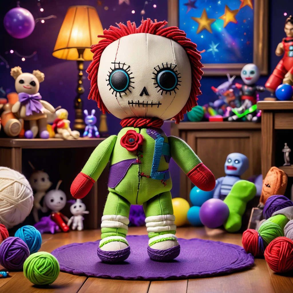 (knitted voodoo doll toy:1.9), standing on a small stage surrounded by scattered toys, (Buzz Lightyear:1.0), Buzz Lightyear's clothes, a whimsical and magical atmosphere, sparkles and glows in the background, best quality, masterpiece, detailed soft oil painting, detailed background, dramatic cinematic lighting, soft edge lighting, professional, dramatic lighting, hard edge lighting, ultra quality, 4k, masterpiece, best quality, 8k, ultra high definition, high resolution, extremely detailed