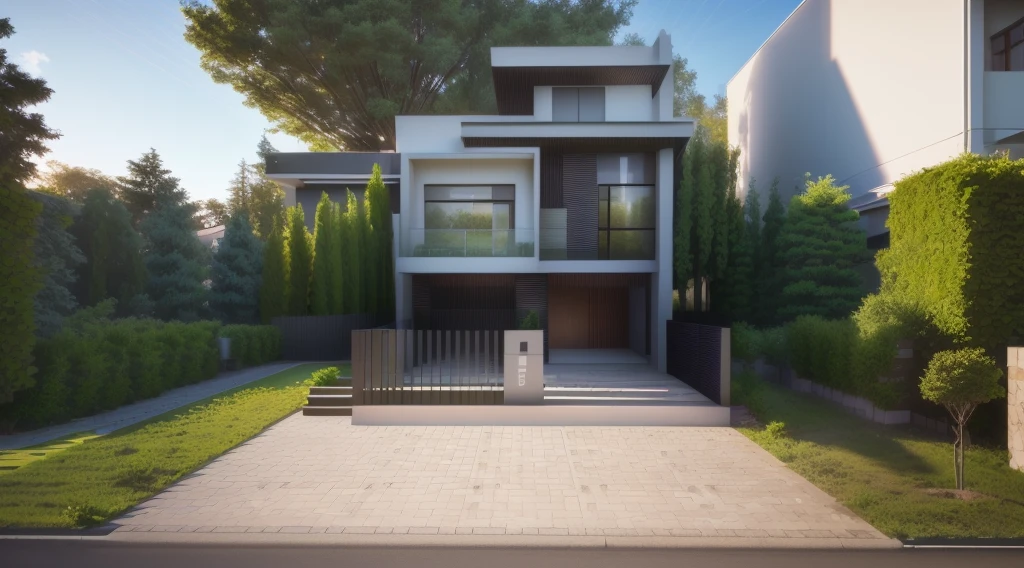 rendering of a modern house with driveway and walkway, 3D rendering, 3D rendering, casa conceito, luminous rendering, Design exterior, luminous renderinging, cinematic front shot, vila interdimensional, perspectiva frontal, architectural 3d rendering, architectural visualization, contemporary house, 3D rendering!, 3D rendering!, very realistic 3D rendering, fully detailed rendering