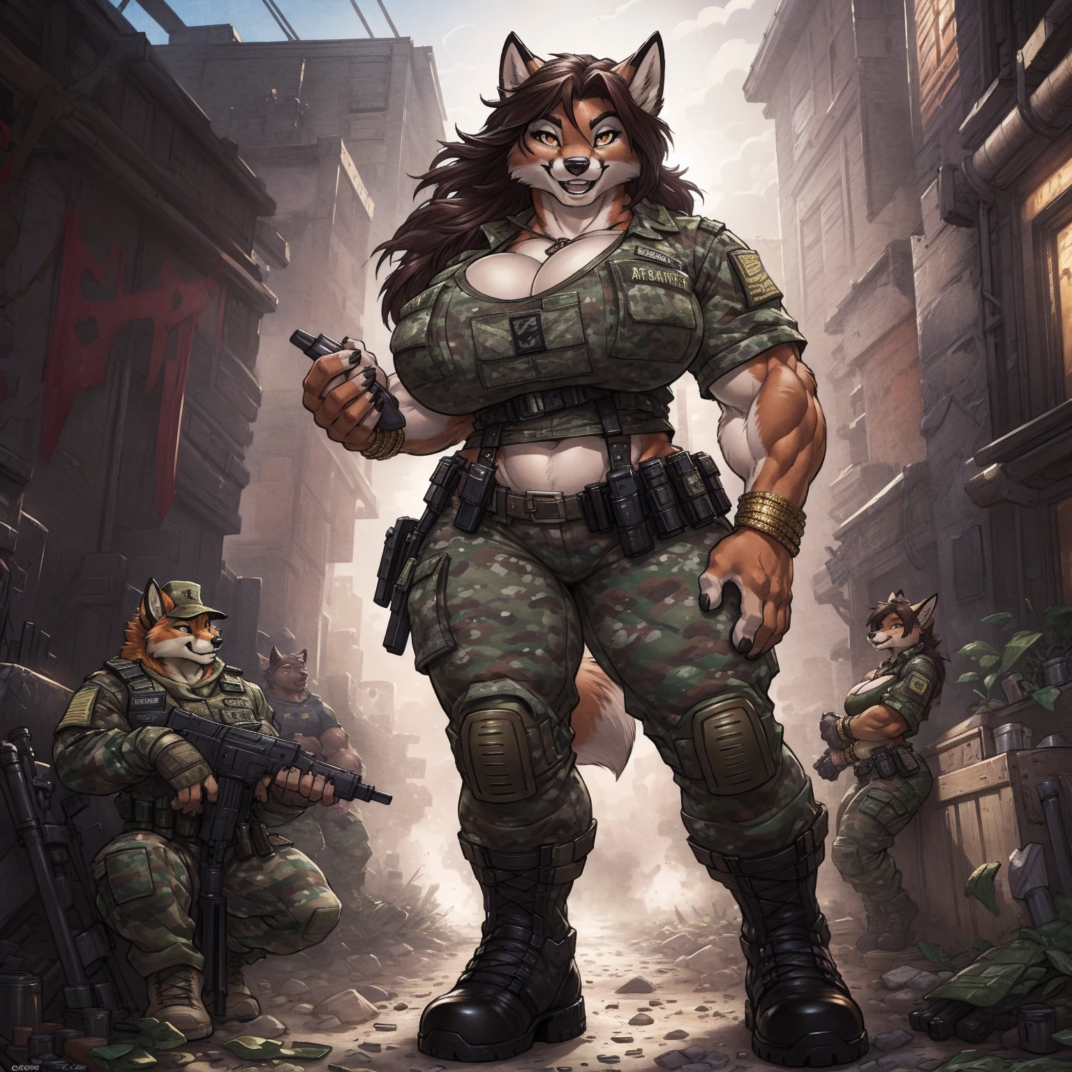 solo, 1girl, fox, female, broad shoulders, buff, muscular, huge breasts, gold eyes, highly detailed eyes, Amazon, wearing camouflage_uniform, (urban uniform:1.2), military camp, rolled sleeves, shirt, trousers, cleavage, standing upright, combat boots, full body, smiling, friendly, looking at viewer, realistic lighting, by darkgem, by wfa, by gideon,