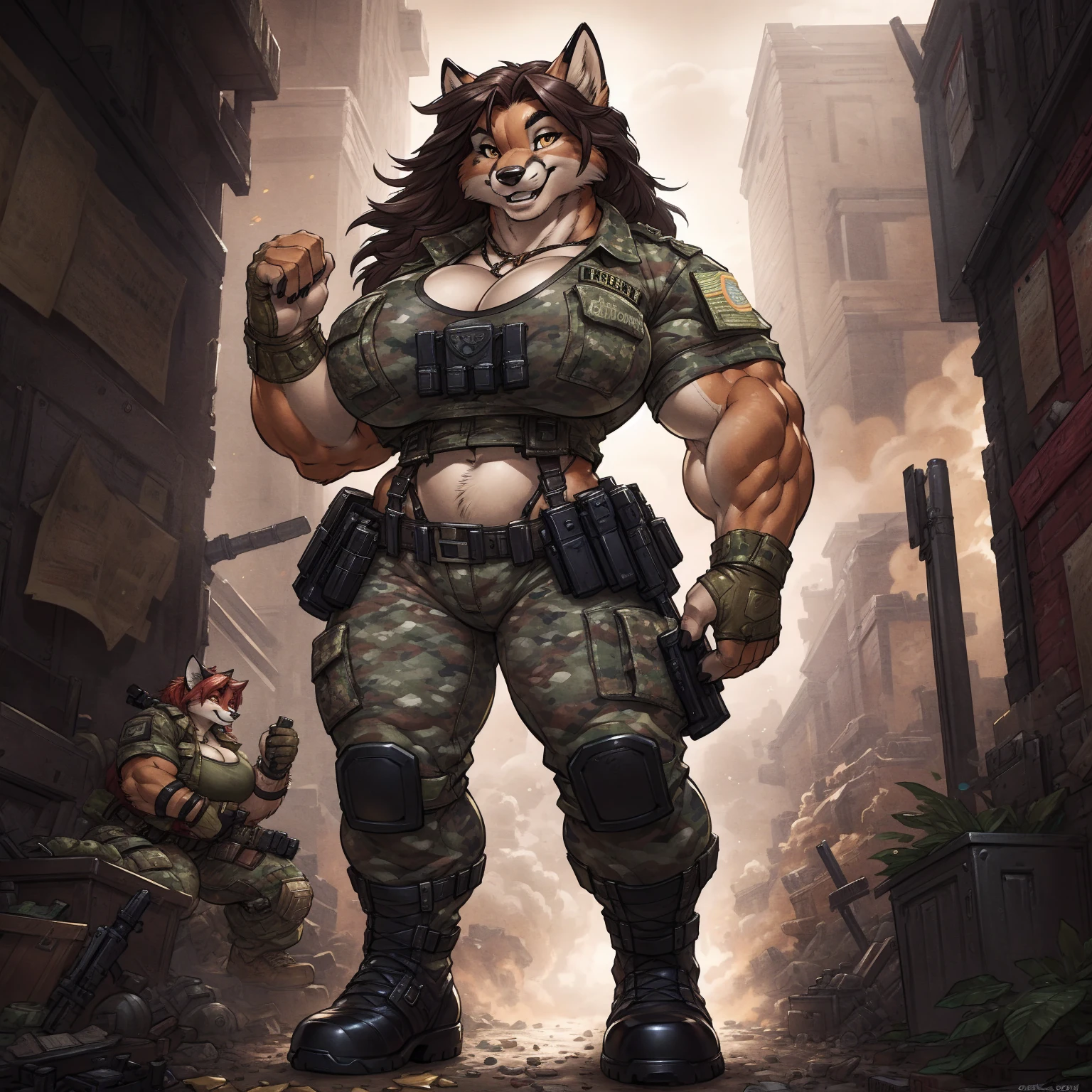 solo, 1girl, fox, female, broad shoulders, buff, muscular, huge breasts, gold eyes, highly detailed eyes, Amazon, wearing camouflage_uniform, (urban uniform:1.2), military camp, rolled sleeves, shirt, trousers, cleavage, standing upright, combat boots, full body, smiling, friendly, looking at viewer, realistic lighting, by darkgem, by wfa, by gideon,