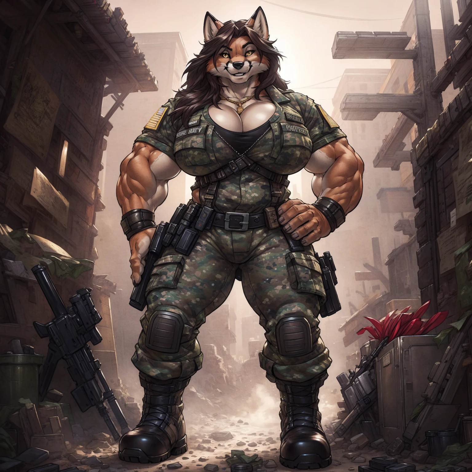 solo, 1girl, fox, female, broad shoulders, buff, muscular, huge breasts, gold eyes, highly detailed eyes, Amazon, wearing camouflage_uniform, (urban uniform:1.2), military camp, rolled sleeves, shirt, trousers, cleavage, standing upright, combat boots, full body, smiling, friendly, looking at viewer, realistic lighting, by darkgem, by wfa, by gideon,