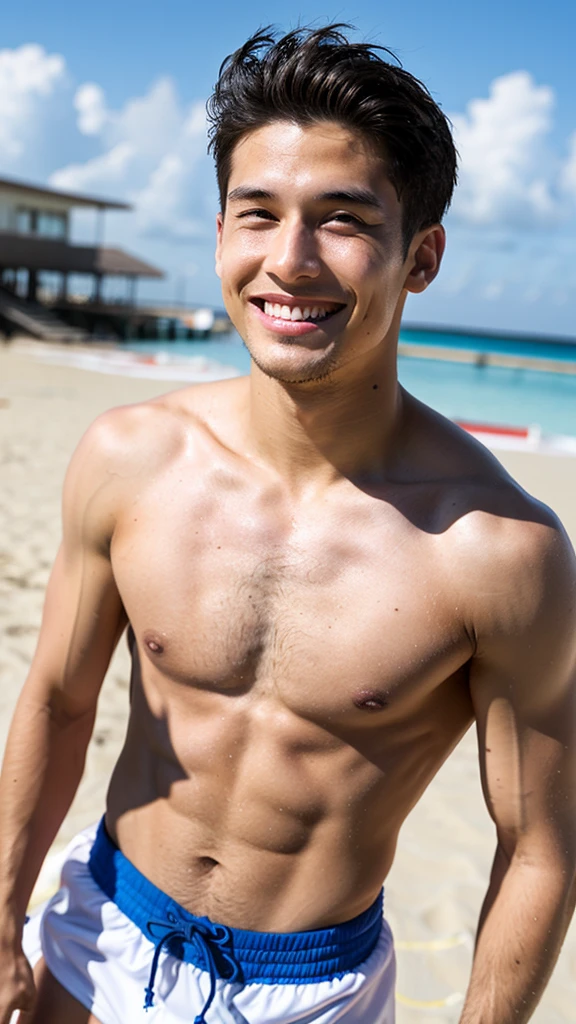 male Age 30 swimwear lifeguard topless smile