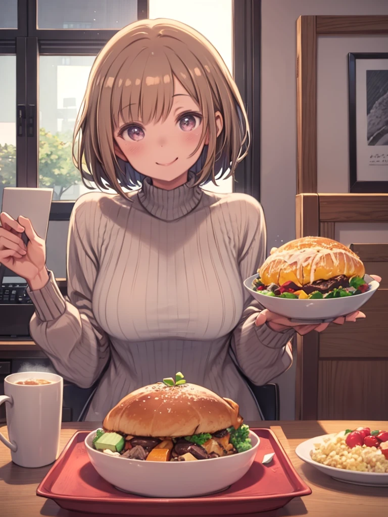 I love eating a lot! Mochizuki、One Girl、Shortcuts、Bob Hair、Light brown hair、Pink turtleneck sweater、Big Breasts、Food Fighter、Large amount of food、Hearty meal、A big smile、office、