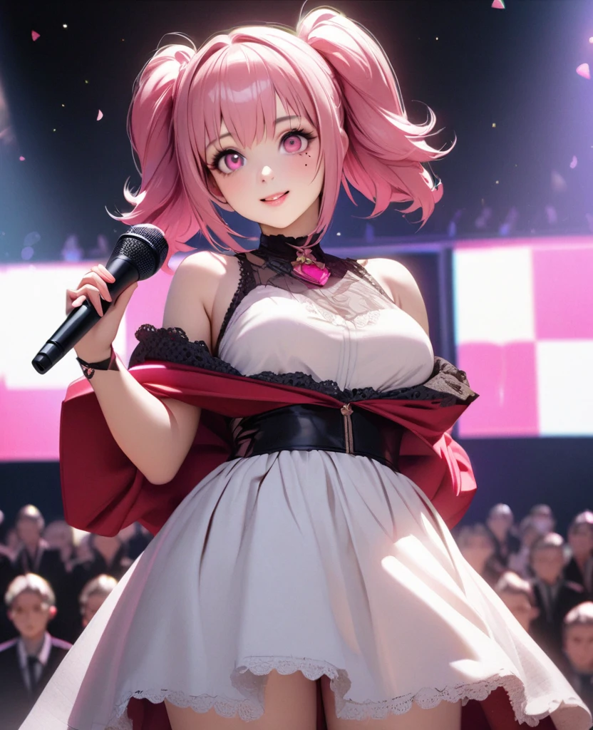 One Girl、Looking at the audience、
Beautiful pink eyes、short twin tail  hair , Mole under the eye、Plump and glossy lips、Heart-shaped choca、Idol、Her name is Rico,smile、With a microphone in handー、。.。.。.。.。.。.。.。.。.。.。.。.。.。.。.。.。.。.3D、Realistic、
off shoulder dress, Drape clothes、gem、The decoration has been removed、Floral、Lace trim,On a glittering stage、
masterpiece、highest quality、8k、Detailed skin texture、Detailed cloth texture、Beautifully detailed face、Intricate details、Very detailed、
超A high resolution、8k Ultra HD、Film Grain、Best Shadow、delicate、Gazing at the audience、front