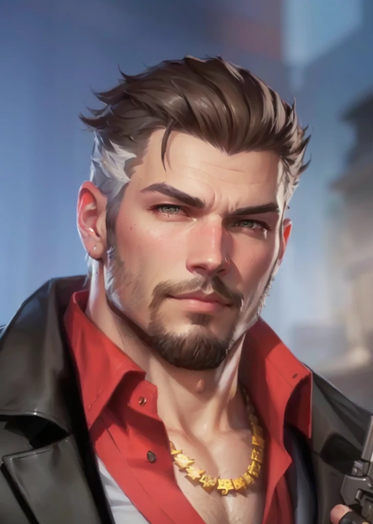 a close up of a man holding a gun in his hand, portrait of adam jensen, g liulian art style, in style of kyrill kotashev, sage ( valorant ), artgrem, valorant character, unreal 5. rpg portrait, avatar image, roguish smirk, jesse mccree, sylas