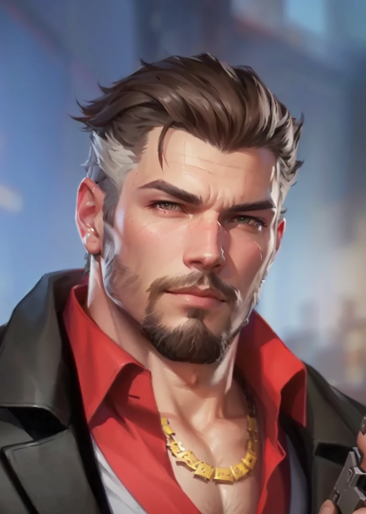 a close up of a man holding a gun in his hand, portrait of adam jensen, g liulian art style, in style of kyrill kotashev, sage ( valorant ), artgrem, valorant character, unreal 5. rpg portrait, avatar image, roguish smirk, jesse mccree, sylas