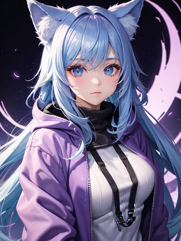 girl、Purple hoodie、Light blue hair、Wolf Hair、Character portrait、whole body、Background green、Violet eyes、
