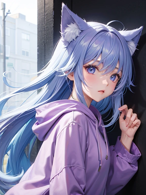 girl、Purple hoodie、Light blue hair、Wolf Hair、Character portrait、whole body、Background green、Violet eyes、