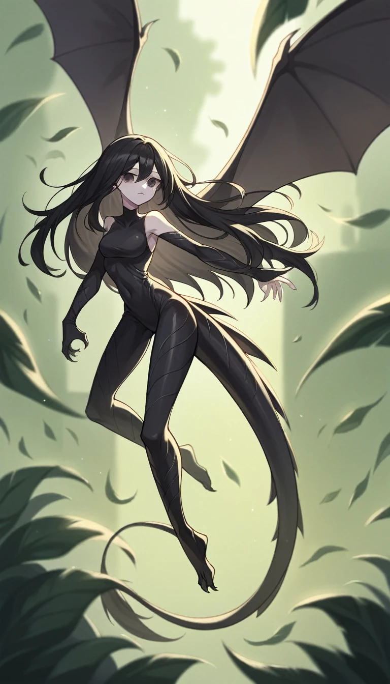 ((((Stealthy sophisticated))), 1girl, silhouette, flight, (((gargoyle wings, wingsuit:0.9))), dark eyes, pale skin, ((black hair, long hair, dark hair))), ((high contrast)), foliage, ((blurry surroundings)), ((mid flight)), shadowy eyes, ((vertical composition)), (checkingback), interesting pose