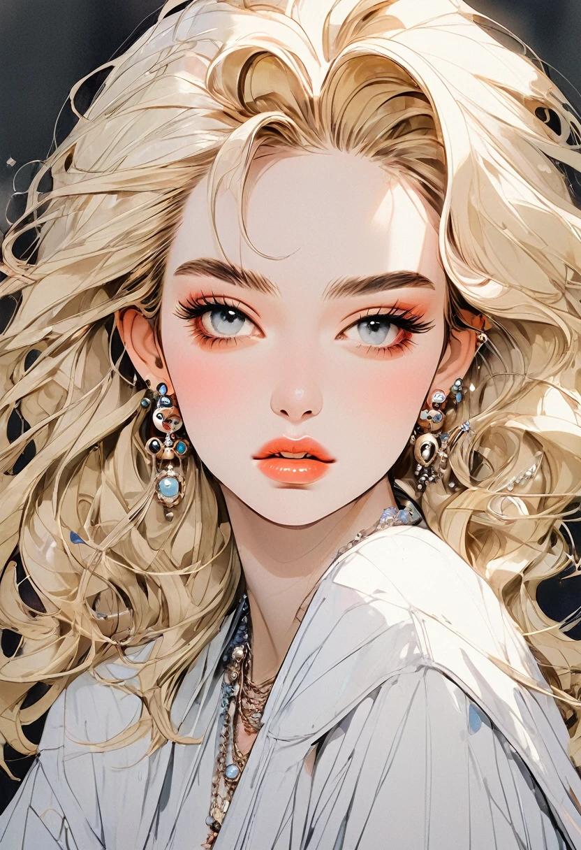 (Highest quality:0.8), (Highest quality:0.8), Perfect illustration,Beautiful woman portrait、One girl, bangs, Black nails, Blonde, Mouth closed, clavicle, ear Earrings, Earrings, Fashion G, hair ornaments, Food, Foodie, Jacket, jewelry, looking at iniewer, Medium Hair, Manicure, necklace, Earrings, short hair, skull, skull hair ornaments, sleeines past wrists, 一人in, Both sides up, Upper Body, in, White Background