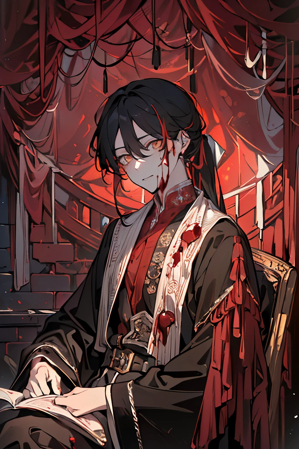 (((A man in his 30s:1.5))),(Long hair tied up:1.2),((Black Hair:1.35)),((Yellow Eyes:1.2)),((crimson、reddish black、Dark blood:1.5)),(((The world inside a castle that stands in the darkness:1.2))),((Face and body covered in blood:1.3)),((Western luxurious robe clothing:1.45)),((A blank, dazed look on his face:1.4)),((Excited face、blush:1.3),((Red tears of blood flow from the eyes:1.4)),(sitting:1.3),((high quality:1.3)),((beautiful image:1.3)),((perfect picture:1.3)),((Horror、Suspense、Mystery:1.2)),Close-up of face,((head down:1.4))