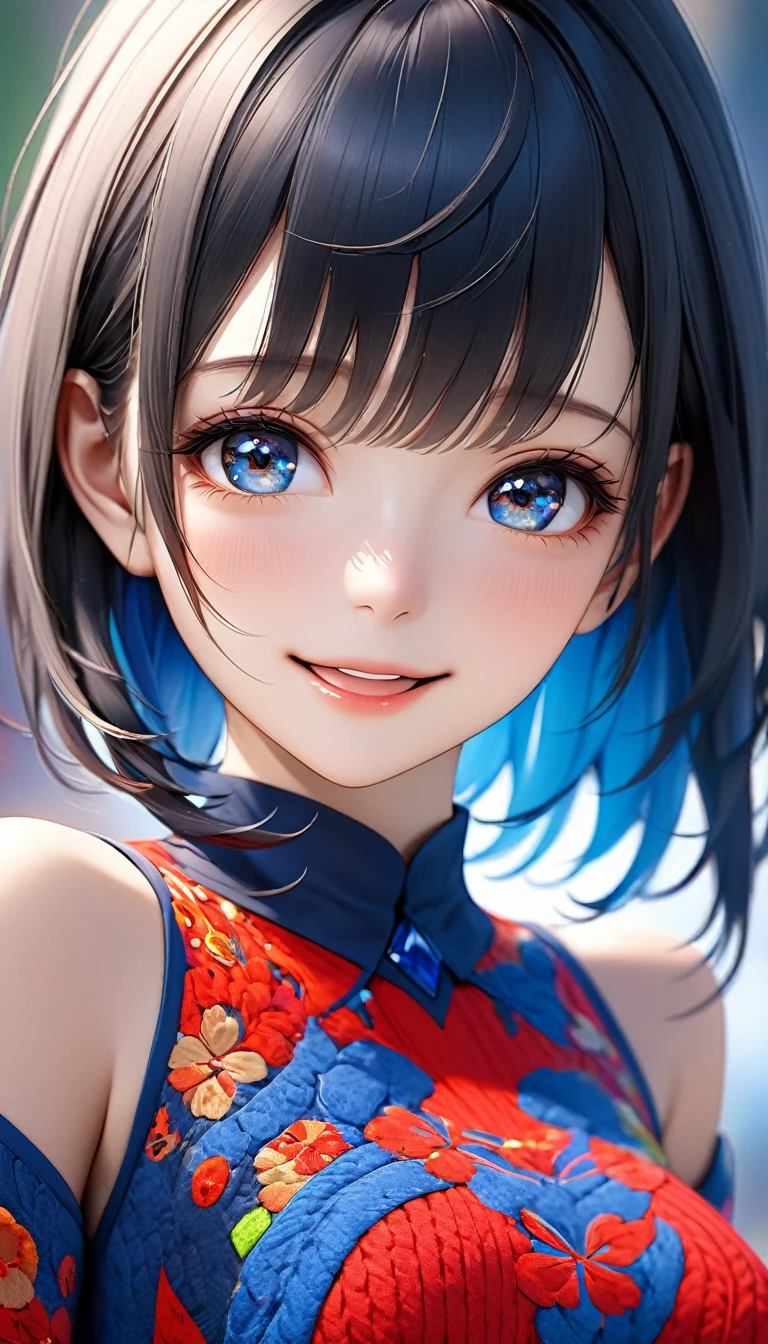 (Highest quality, 8k, 32K, masterpiece, Ultra-high resolution):1.2, Blurred Background, Great photo with beautiful saturation, Ultra-high resolution,(Realistic:1.4)),Deep Shadow,(Highest quality), ultra Realistic,32K,Highly detailed CG Unity, Expressive eyes, Perfect Face, Perfect Anatomy, Perfect body, scene, One Girl, Open your mouth, Middle-length hair with bangs, Provides moisture to the eye area, Textured skin, Highest quality, 8k, Blurred Background, smile, A woman with perfect style, (Colorful patterns(Red and blue embroidery)girl' China dress:1.2), look forward to, Looking into the camera,(I can see your chest),