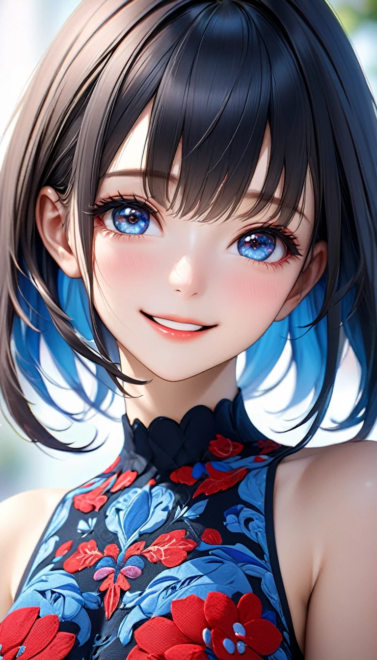 (Highest quality, 8k, 32K, masterpiece, Ultra-high resolution):1.2, Blurred Background, Great photo with beautiful saturation, Ultra-high resolution,(Realistic:1.4)),Deep Shadow,(Highest quality), ultra Realistic,32K,Highly detailed CG Unity, Expressive eyes, Perfect Face, Perfect Anatomy, Perfect body, scene, One Girl, Open your mouth, Middle-length hair with bangs, Provides moisture to the eye area, Textured skin, Highest quality, 8k, Blurred Background, smile, A woman with perfect style, (Colorful patterns(Red and blue embroidery)girl' China dress:1.2), look forward to, Looking into the camera,(I can see your chest),