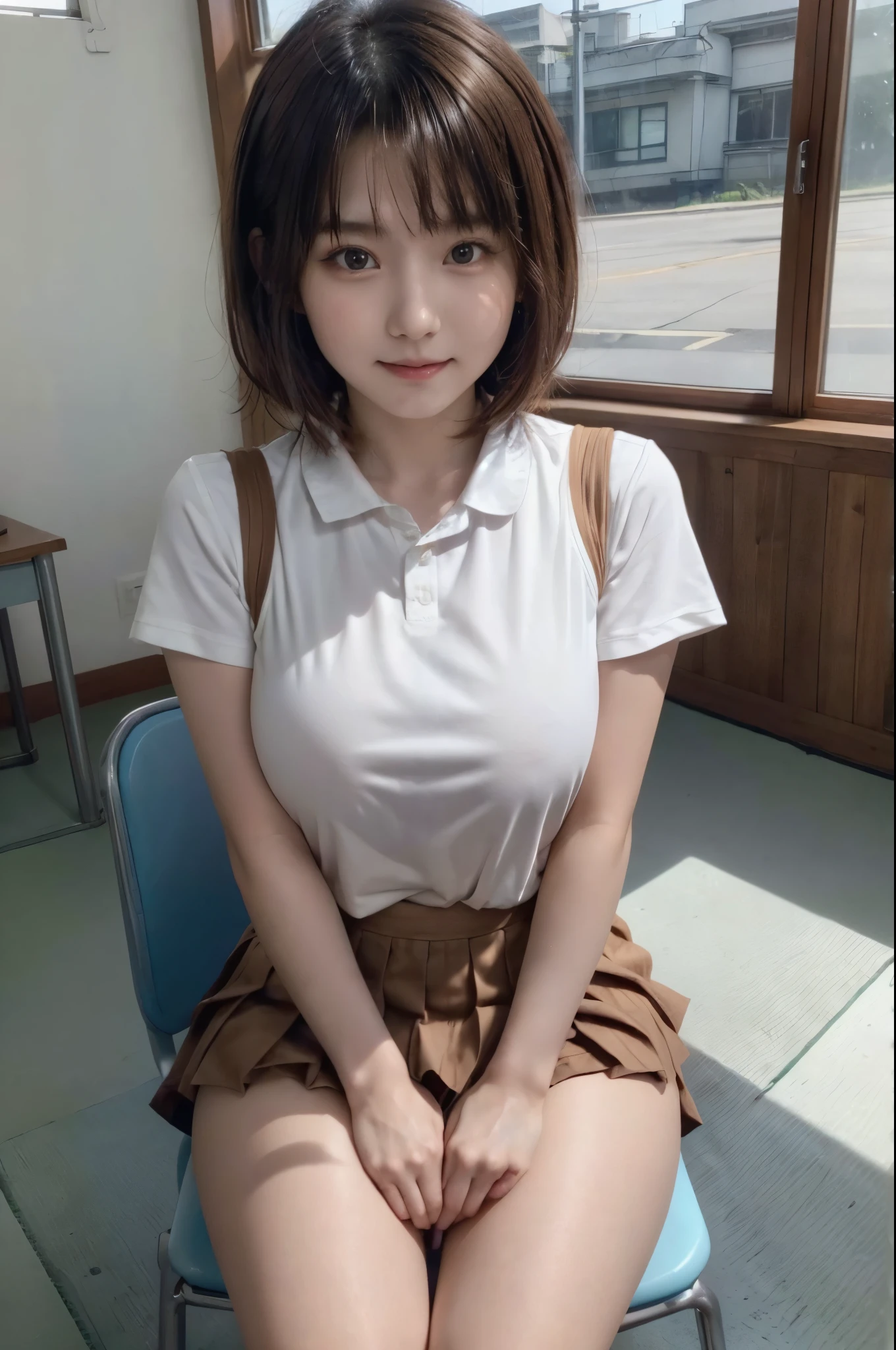 ((Ultra-high resolution photos)), (highest quality:1.2), (Perfect Beautiful Face 1.2), (Perfect and beautiful posture:1.2), (1 Japanese Cute girl:1.5), ((solo:1.5)), (round face:1.2), (Cheerleader:1.2), (cute face), Short woman, ((Big and ample breasts:1.2)), ((Big Ass)), Slim Muscular body, ((Brown Short Bob Hair:1.2)), Sharp eyes, Looking into the camera, ((Small Head:1.5)), joyful laugh, ((White shirt with ribbon tie)), ((Pleated mini skirt)), (sitting on a chair in the classroom), natural light,