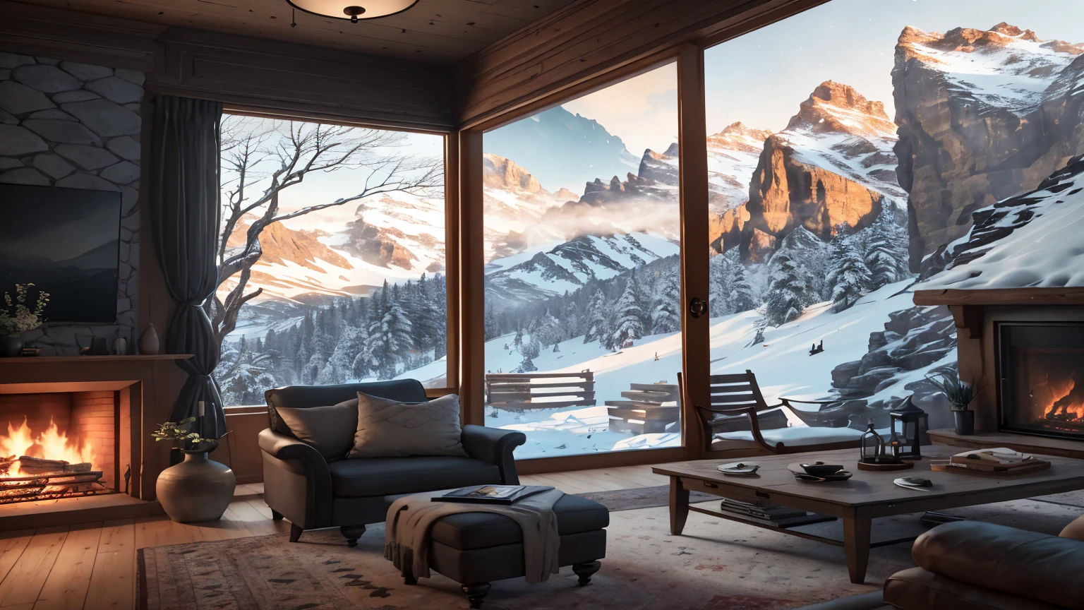 Alafid view from the living room with fireplace and large windows, Unreal Engine Realistic Rendering, integrated in the mountains, Relaxing environment, Warm living room, Render Unreal Engine, comfortable environment, Comfortable place, highly realistic unreal engine, vray 8k render, Warm interior, Unreal Engine 5 Rendering, 8 k landscape render, Unreal Engine is highly rendered