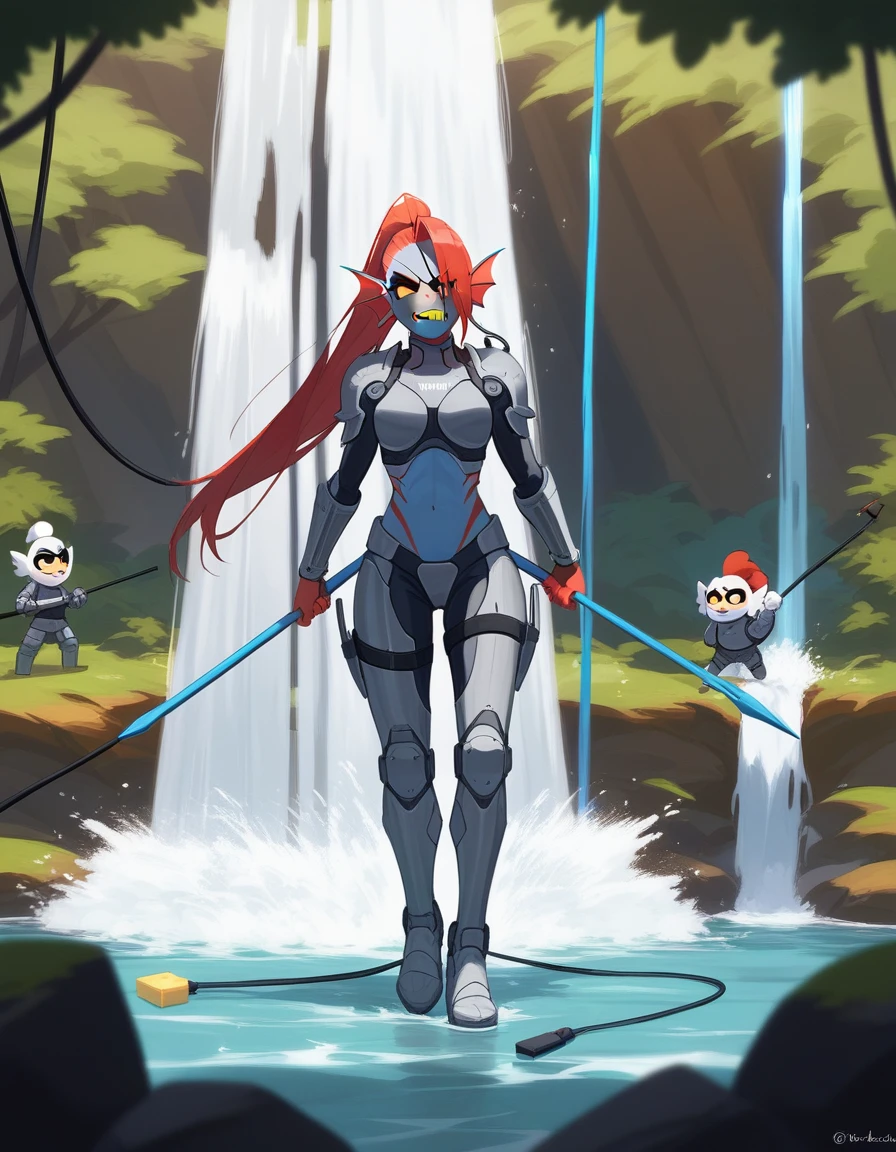 Fraction_9,Fraction_8_direction_7_up, undyne from undertale, Undyne the Undying,Wire,determination,angry,Angry expression,Sharp yellow teeth, Eye mask, black eyes, sclera, Wearing gray armor,Holding a blue spear,Standing in front of a waterfall