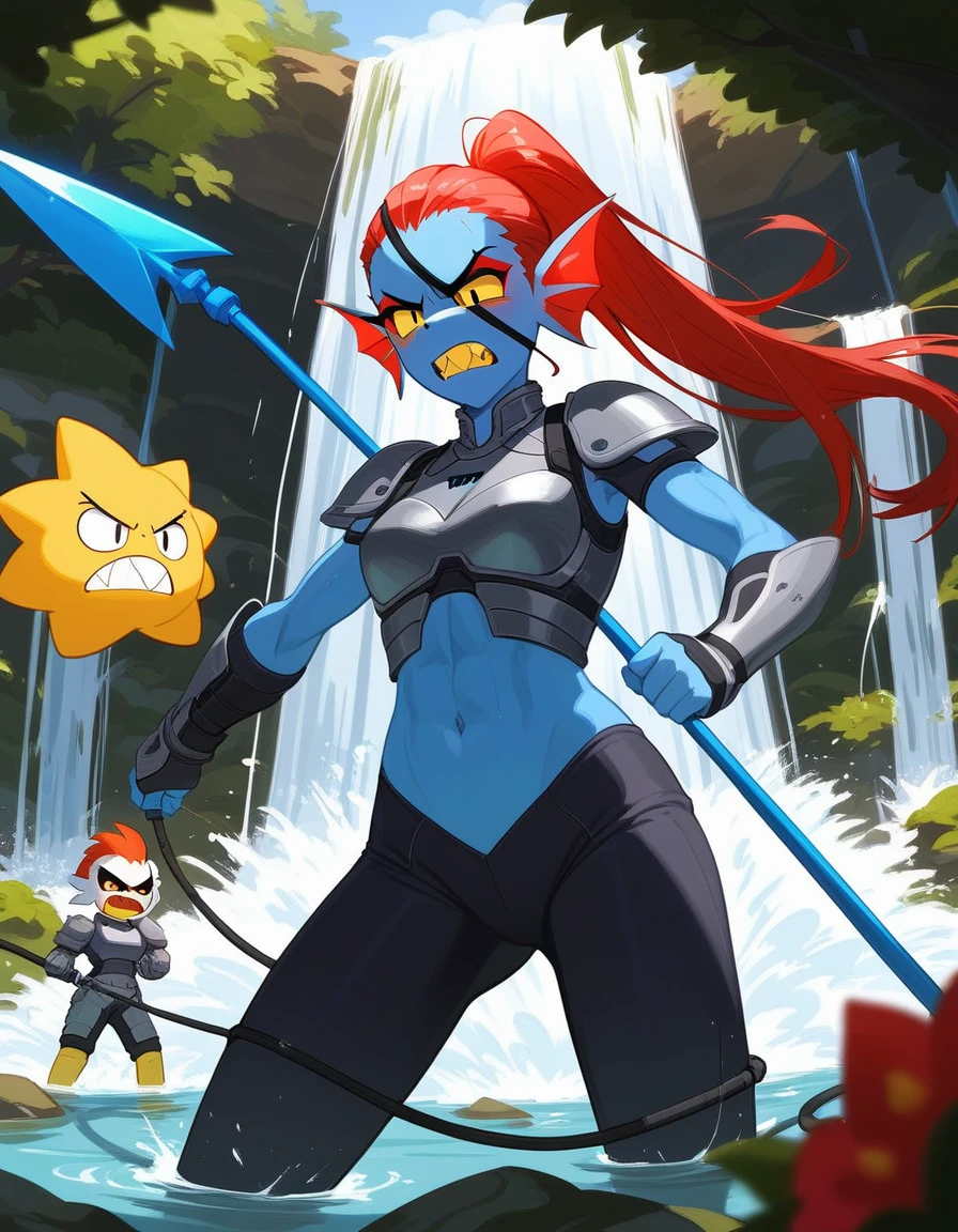 Fraction_9,Fraction_8_direction_7_up, undyne from undertale, Undyne the Undying,Wire,determination,angry,Angry expression,Sharp yellow teeth, Eye mask, black eyes, sclera, Wearing gray armor,Holding a blue spear,Standing in front of a waterfall