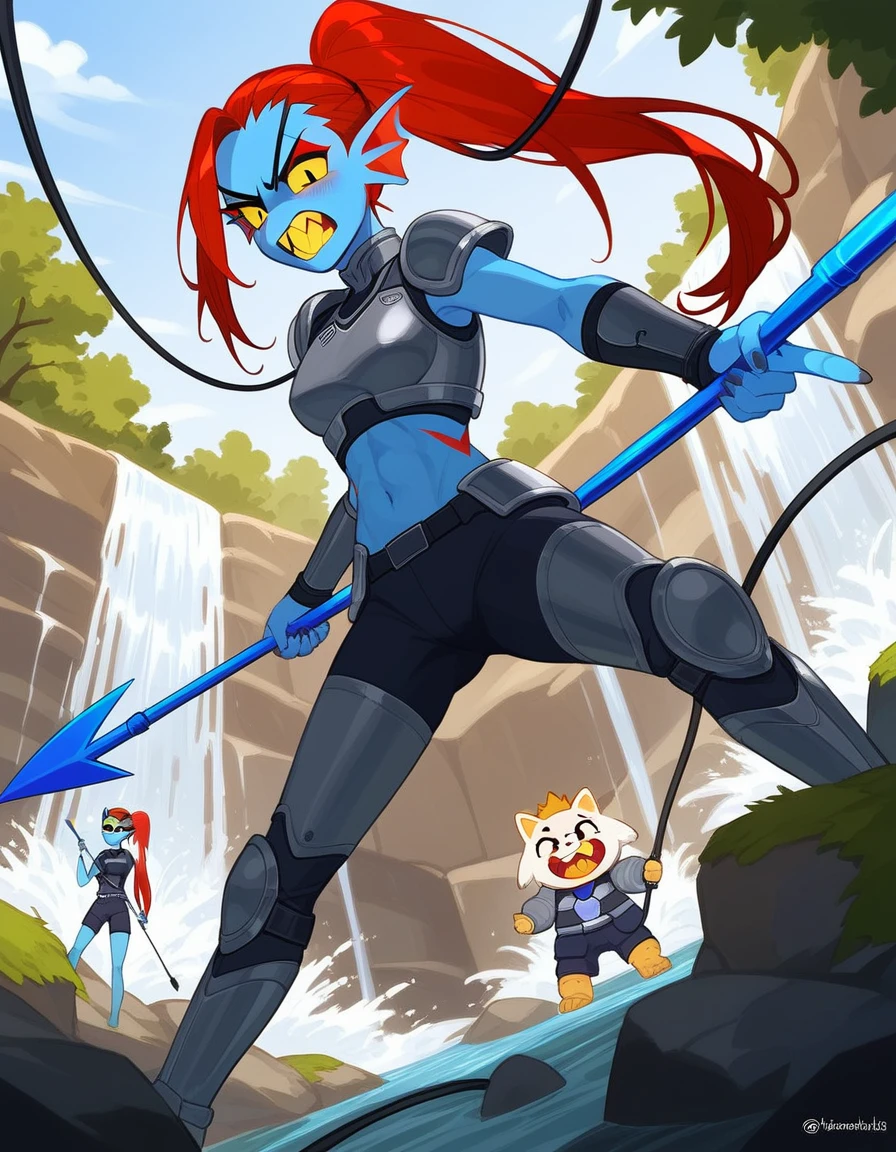 Fraction_9,Fraction_8_direction_7_up, undyne from undertale, Undyne the Undying,Wire,determination,angry,Angry expression,Sharp yellow teeth, Eye mask, black eyes, sclera, Wearing gray armor,Holding a blue spear,Standing in front of a waterfall