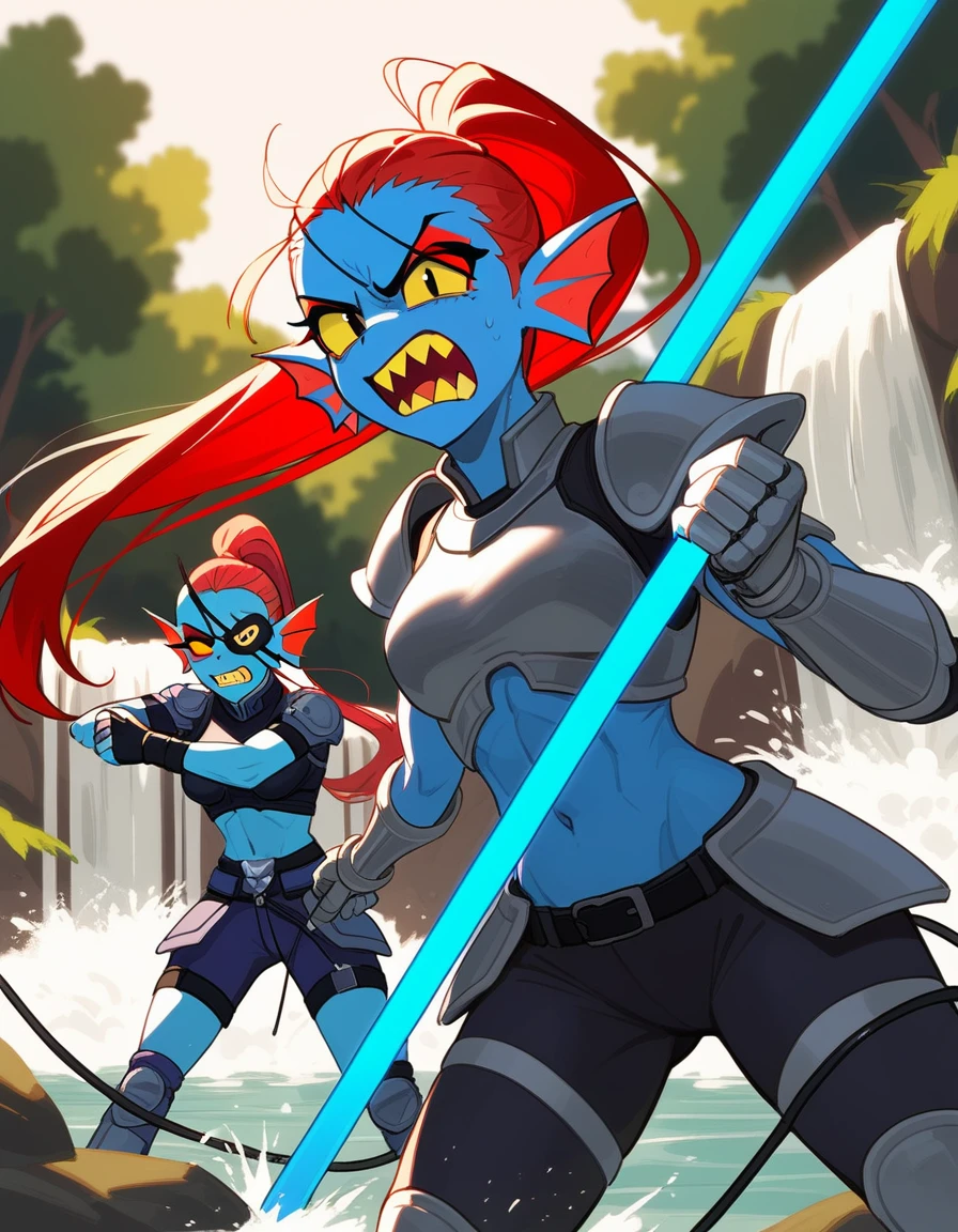 by darkgem, by duase, by bng, solo, 1girl, undyne, blue skin, huge teeth, yellow teeth, laughing, black eye patch, female, smooth body, nipple outline, highly detailed eye, black tank top, (bare midriff:1.3), cleavage, denim cutoffs, visible thong straps, Masterpiece, best quality, absurd res, highly detailed, cleanly drawn eyes, park environment, standing upright, big bottom lip, black lipstick, casual posture, hands on hips,