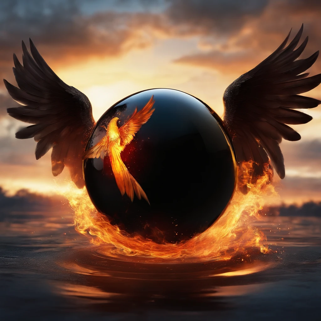 Black pool ball with wings and catching fire falling from the sky