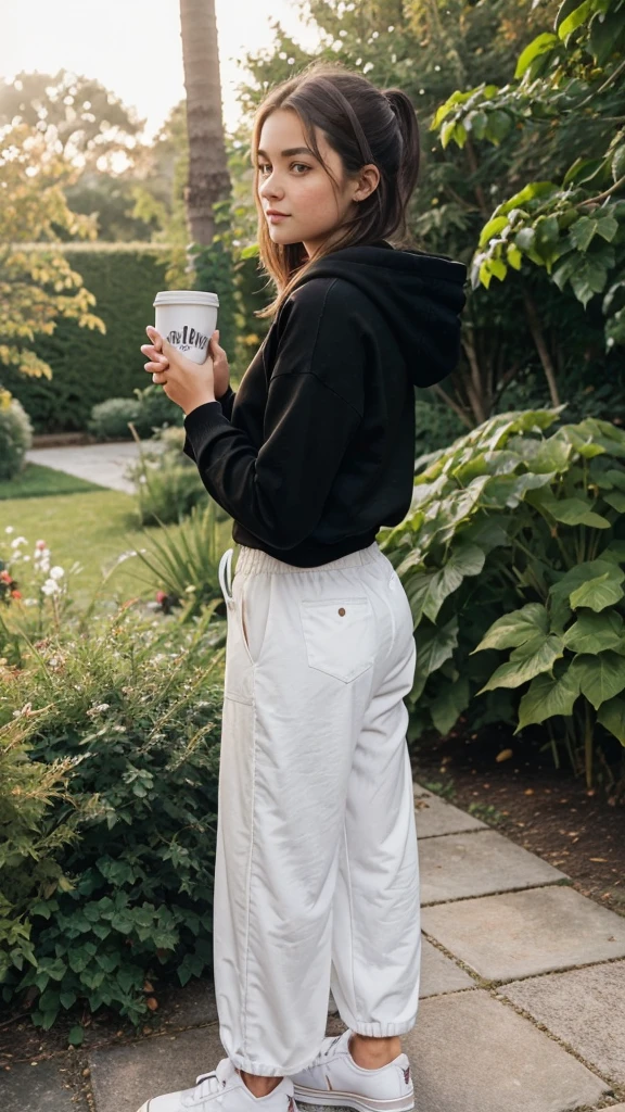 Pictures of a cute girl’s hand holding a cup of coffee in a garden. The girl is wearing wide pants, white sneakers, and a long black hoodie. Filmed towards the back camera, not the front. Simple and quick random daily photography during the day The girl is 150 tall and weighs 57 and her face does not appear in the picture
