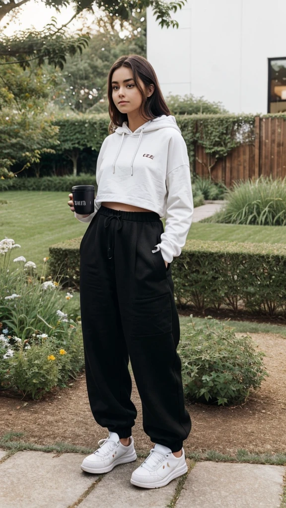 Pictures of a cute girl’s hand holding a cup of coffee in a garden. The girl is wearing wide pants, white sneakers, and a long black hoodie. Filmed towards the back camera, not the front. Simple and quick random daily photography during the day The girl is 150 tall and weighs 57 and her face does not appear in the picture 