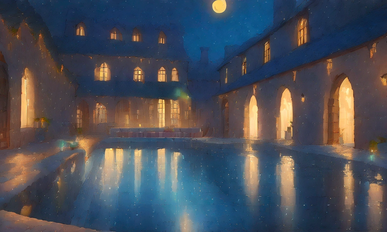 ((((masterpiece, Highest quality, High resolution)))), High detail, manga，anime，Illustration Style，Great use of color，Ghibli Studio Colors, The fantasy world of medieval Europe, Holiday home with pool, courtyard, Sophisticated interior, Starry Sky, Beautiful covered hot spring pool、Sparkling water gushes forth in the moonlight., Large space，No humans, RPG-like scenery, 空は満天のStarry Skyで、Blue and beautiful, And the crescent moon shines brightly, Creates a magical and comfortable atmosphere, The night is quiet and magical.