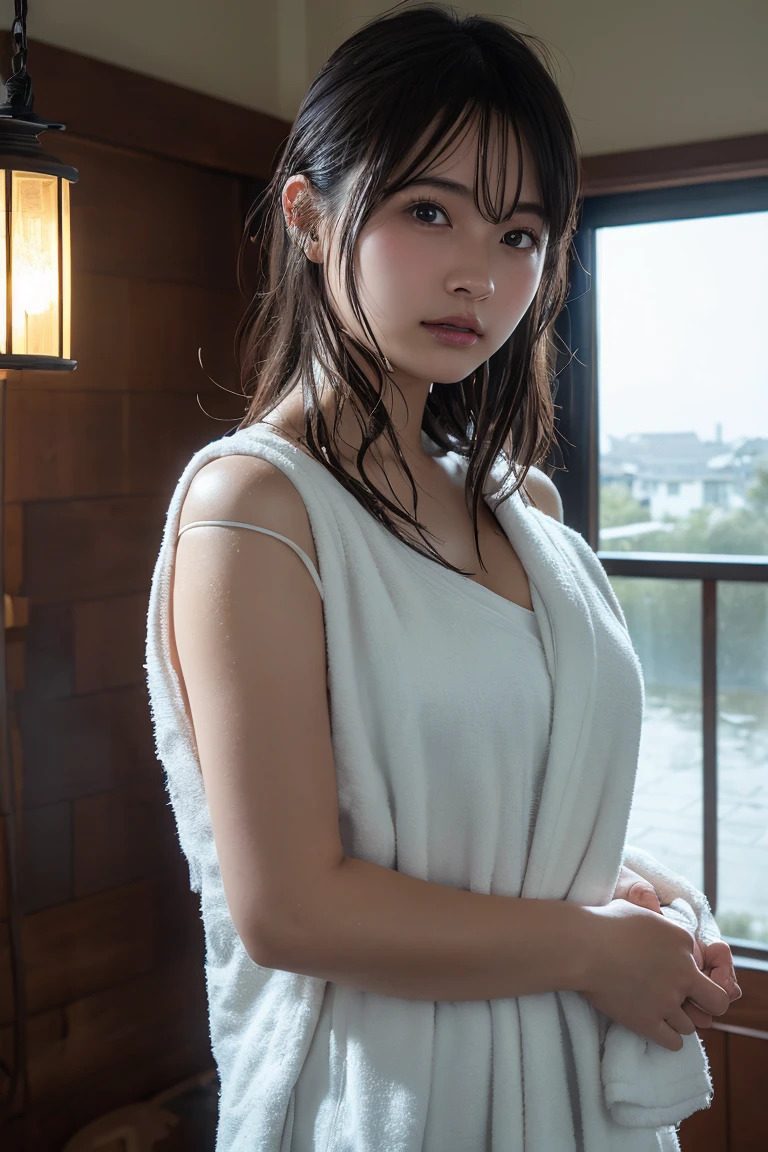 (Highest quality:1.4),(masterpiece:1.4),(Realistic:1.4),(Realistic:1.2),(超High resolution, RAW Photos:1.4),(High resolution, Ultra-detailed:1.2),(8k:1.2),View your viewers,Cinematic photography,a photo of a dark-haired,One girl,alone,((After bath,Completely naked,Damp Hair,Wrap a bath towel around your body,View from the front)),skeletally correct,(Western-style building interior,Dimly lit room,The lamplight shines on my cheeks)